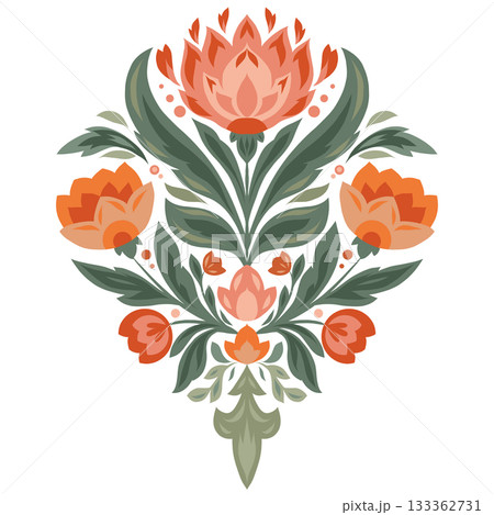 Vector decorative floral composition in folk art style. Orange and green flowers with symmetrical design 133362731