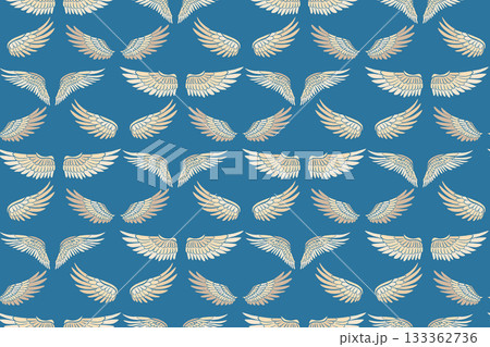 Vector seamless pattern with angel wings on blue background. Texture with cartoon birds wings. 133362736