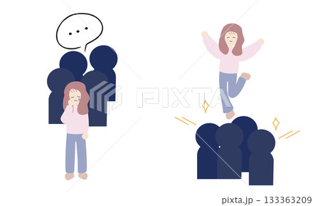 孤立を感じる女性と笑顔で輪に入る女性 孤立を感じる女性と笑顔で輪に入る女性 133363209