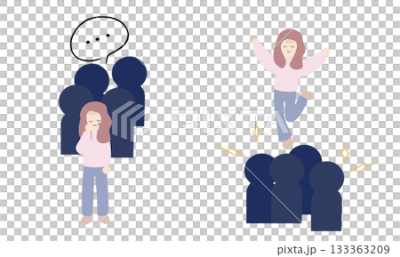 A woman who feels isolated and another woman who joins the group with a smile A woman who feels isolated and another woman who joins the group with a smile 133363209