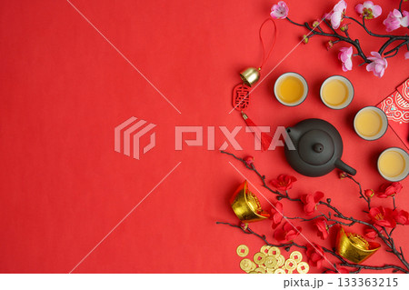 Chinese New Year celebration with tea set and decorations 133363215