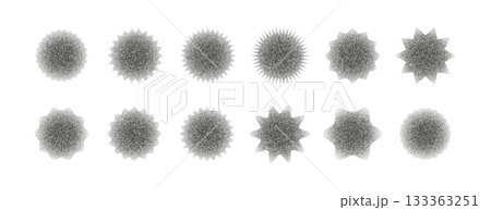 Grain dot spheres with soft gradient and stipple texture. Abstract round shapes with grainy noise, halftone shading and monochrome dust effect. Modern geometric elements for design and collage 133363251