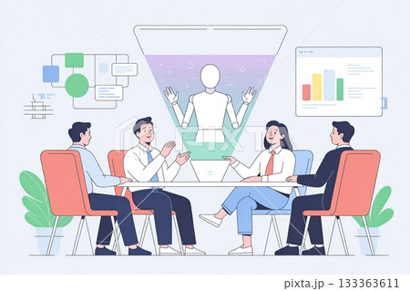 AIホログラムアシスタントと共に会議を行うビジネスチーム 133363611