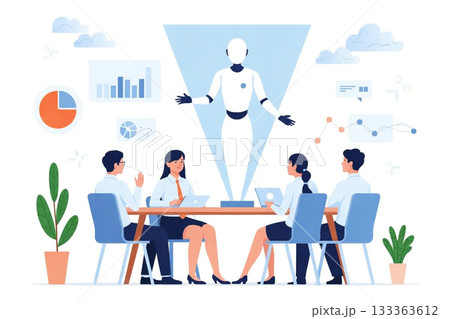 AIホログラムアシスタントと共に会議を行うビジネスチーム 133363612