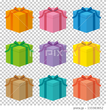 さまざまな色のプレゼントボックスのイラストセット。白背景にベクターイラスト。 さまざまな色のプレゼントボックスのイラストセット。白背景にベクターイラスト。 133363652