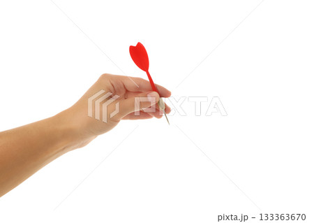 A person grips a red dart with intent to throw, isolated on white, PNG 133363670