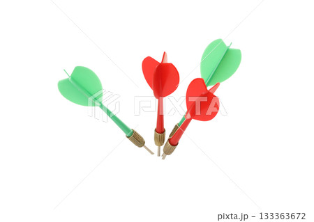 Four brightly colored dart arrows ready for play, isolated on white, PNG 133363672