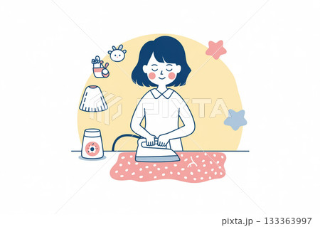 アイロンをかける主婦のイラスト／きれい好きな暮らし・丁寧な家事 133363997