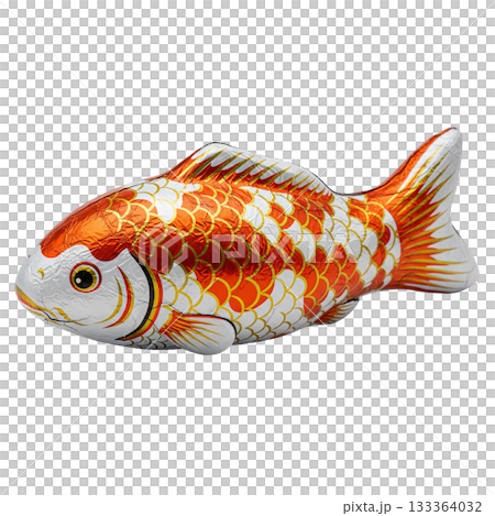 Orange and silver foil wrapped chocolate fish candy figurine for a sweet confectionery gift Orange and silver foil wrapped chocolate fish candy figurine for a sweet confectionery gift 133364032