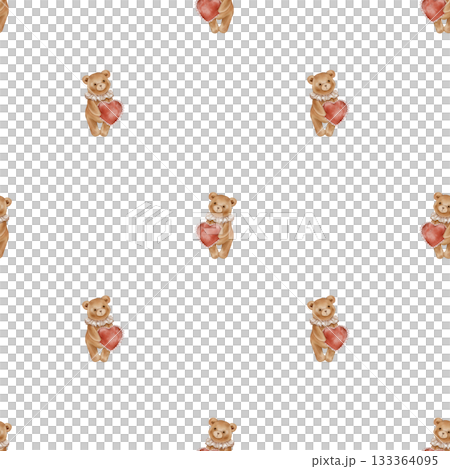 Seamless pattern with Watercolor Cute Teddy Bear Holding Red Heart. Repeat ornament with Valentine Brown bear toy with vintage Jabot collar. Illustration hand drawn on isolated background. 133364095