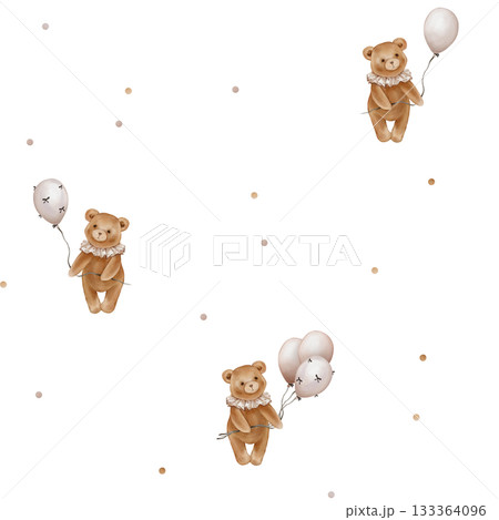 Seamless pattern with Watercolor Cute Teddy Bear Holding balloon. Repeat ornament with Valentine Brown bear toy with vintage Jabot collar. Illustration hand drawn on isolated background. 133364096