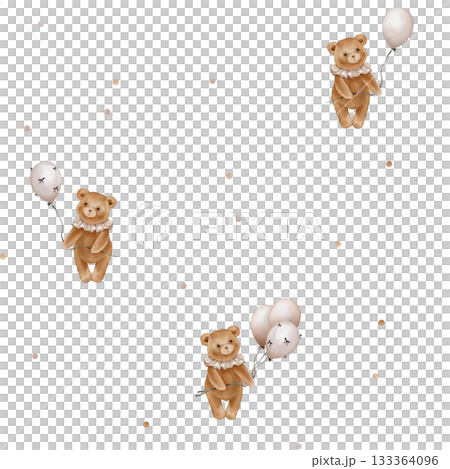 Seamless pattern with Watercolor Cute Teddy Bear Holding balloon. Repeat ornament with Valentine Brown bear toy with vintage Jabot collar. Illustration hand drawn on isolated background. 133364096