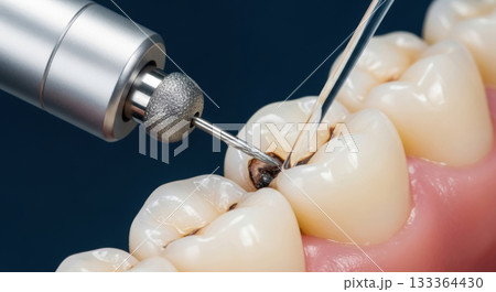 Close-up of a dentist using a high-speed dental drill to treat a deep cavity on a molar tooth model, decay treatment concept. 133364430