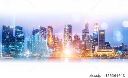 Night cityscape view of a modern urban downtown skyline with illuminated skyscraper buildings and blue sky architecture Night cityscape view of a modern urban downtown skyline with illuminated skyscraper buildings and blue sky architecture 133364648