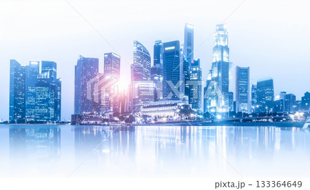 Night cityscape view of a modern urban downtown skyline with illuminated skyscraper buildings and blue sky architecture Night cityscape view of a modern urban downtown skyline with illuminated skyscraper buildings and blue sky architecture 133364649