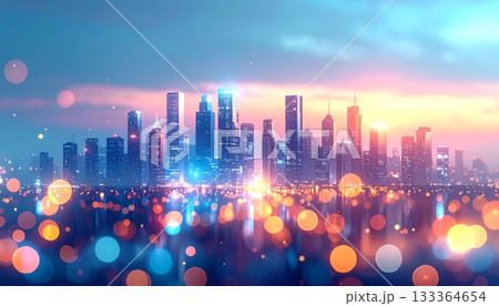 Night cityscape view of a modern urban downtown skyline with illuminated skyscraper buildings and blue sky architecture Night cityscape view of a modern urban downtown skyline with illuminated skyscraper buildings and blue sky architecture 133364654