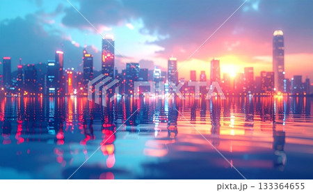 Night cityscape view of a modern urban downtown skyline with illuminated skyscraper buildings and blue sky architecture Night cityscape view of a modern urban downtown skyline with illuminated skyscraper buildings and blue sky architecture 133364655