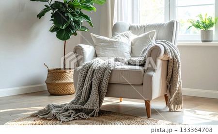 Comfortable living room interior design with sofa, armchairs, table, and lamp creating a luxury home apartment decor Comfortable living room interior design with sofa, armchairs, table, and lamp creating a luxury home apartment decor 133364708