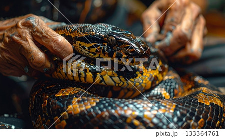 Woman in fashion dress holding a beautiful python constrictor snake in her hand 133364761