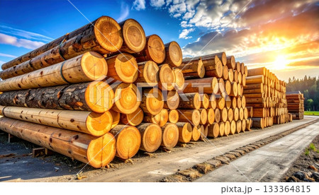 A stack of cut logs and firewood forms a brown woodpile in the forest, showing natural timber texture 133364815