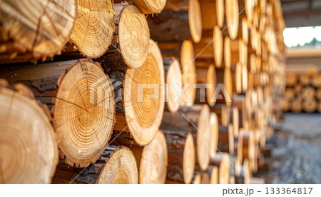 A stack of cut logs and firewood forms a brown woodpile in the forest, showing natural timber texture 133364817