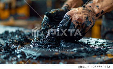 Close up of a blacksmith at work in the workshop using fire to temper red hot metal 133364818