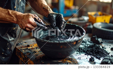 Close up of a blacksmith at work in the workshop using fire to temper red hot metal 133364819
