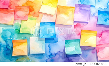 Abstract colorful watercolor background with bright yellow sticky note message block Abstract colorful watercolor background with bright yellow sticky note message block 133364889