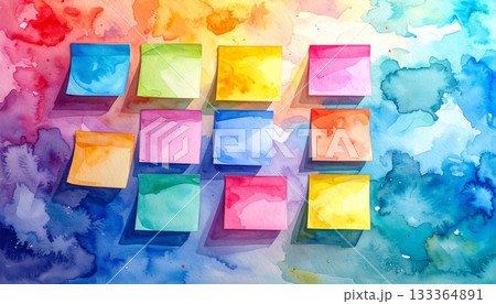 Abstract colorful watercolor background with bright yellow sticky note message block Abstract colorful watercolor background with bright yellow sticky note message block 133364891