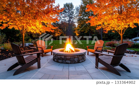 Autumn park furniture set featuring a wooden bench and picnic table under a tree Autumn park furniture set featuring a wooden bench and picnic table under a tree 133364902