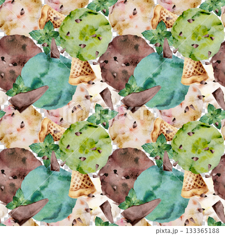 Pistachio gelato ice cream scoops topped with dark cocoa bits chips pieces, mint leaves. Isolated seamless pattern hand drawn in watercolor. Eco dessert branding, nut-and-chocolate themed designs. Pistachio gelato ice cream scoops topped with dark cocoa bits chips pieces, mint leaves. Isolated seamless pattern hand drawn in watercolor. Eco dessert branding, nut-and-chocolate themed designs. 133365188