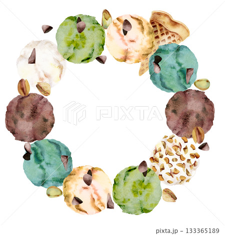 Pistachio gelato scoops with nut crumble garnish, chocolate chips, waffles. Isolated wreath frame illustration hand drawn in watercolor. Ice cream flavor sheet, natural dessert label, DIY food decor. 133365189