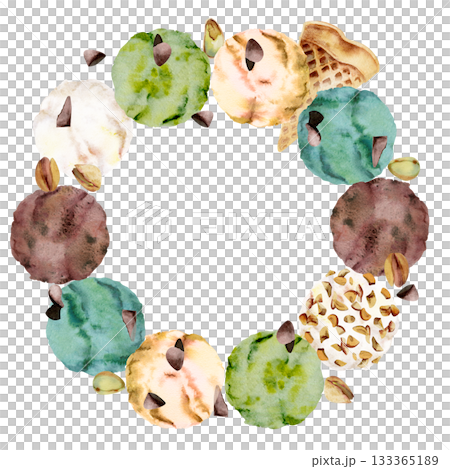Pistachio gelato scoops with nut crumble garnish, chocolate chips, waffles. Isolated wreath frame illustration hand drawn in watercolor. Ice cream flavor sheet, natural dessert label, DIY food decor. 133365189