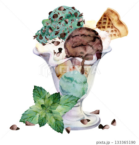 Ice cream gelato scoops in sundae glass bowl topped with waffle piece, cocoa syrup drizzle, mint leaves. Isolated illustration hand drawn in watercolor. Cafe decor print, recipe tag, frozen snack. Ice cream gelato scoops in sundae glass bowl topped with waffle piece, cocoa syrup drizzle, mint leaves. Isolated illustration hand drawn in watercolor. Cafe decor print, recipe tag, frozen snack. 133365190