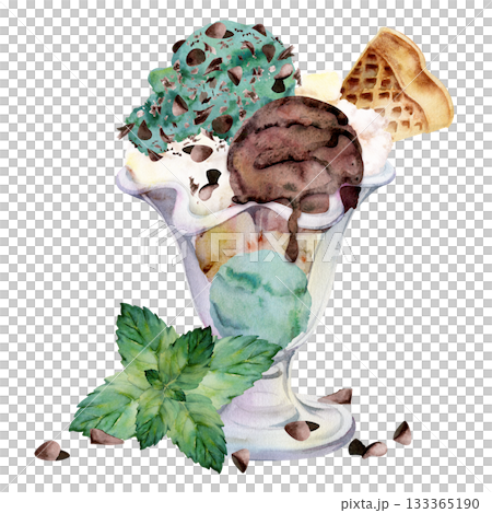 Ice cream gelato scoops in sundae glass bowl topped with waffle piece, cocoa syrup drizzle, mint leaves. Isolated illustration hand drawn in watercolor. Cafe decor print, recipe tag, frozen snack. Ice cream gelato scoops in sundae glass bowl topped with waffle piece, cocoa syrup drizzle, mint leaves. Isolated illustration hand drawn in watercolor. Cafe decor print, recipe tag, frozen snack. 133365190