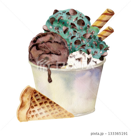 Crisp wafer rolls on mint and chocolate chip scoop in paper cup, waffle slice, syrup drizzle. Isolated illustration hand drawn in watercolor. Sweet food print, DIY packaging, gelateria menu design. 133365191