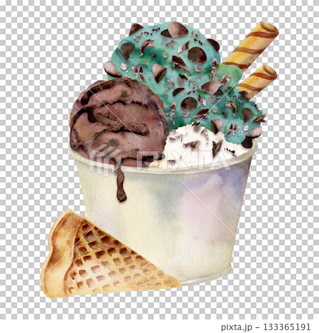 Crisp wafer rolls on mint and chocolate chip scoop in paper cup, waffle slice, syrup drizzle. Isolated illustration hand drawn in watercolor. Sweet food print, DIY packaging, gelateria menu design. 133365191