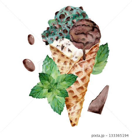Crisp waffle cone topped with speckled mint and chocolate chips scoops, syrup drizzle. Isolated illustration hand drawn in watercolor. Artisan dessert menu, food journal decor, sweet table layout. Crisp waffle cone topped with speckled mint and chocolate chips scoops, syrup drizzle. Isolated illustration hand drawn in watercolor. Artisan dessert menu, food journal decor, sweet table layout. 133365194