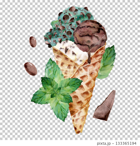 Crisp waffle cone topped with speckled mint and chocolate chips scoops, syrup drizzle. Isolated illustration hand drawn in watercolor. Artisan dessert menu, food journal decor, sweet table layout. 133365194