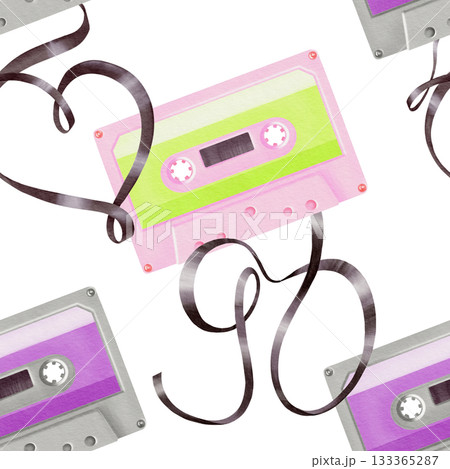 Portable player audio cassettes from 80's,90's style,tapes in shape 90,heart in seamless pattern.Watercolor illustration on transparent background for websites,fabric,stationery,theme parties Portable player audio cassettes from 80's,90's style,tapes in shape 90,heart in seamless pattern.Watercolor illustration on transparent background for websites,fabric,stationery,theme parties 133365287