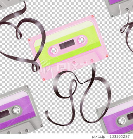 Portable player audio cassettes from 80's,90's style,tapes in shape 90,heart in seamless pattern.Watercolor illustration on transparent background for websites,fabric,stationery,theme parties Portable player audio cassettes from 80's,90's style,tapes in shape 90,heart in seamless pattern.Watercolor illustration on transparent background for websites,fabric,stationery,theme parties 133365287