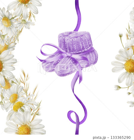 Symbol of World Prematurity Day-Purple knitted socks with ribbon,chamomile flowers symbolizing purity and childhood innocence.Watercolor seamless pattern for charity projects,social media Symbol of World Prematurity Day-Purple knitted socks with ribbon,chamomile flowers symbolizing purity and childhood innocence.Watercolor seamless pattern for charity projects,social media 133365290