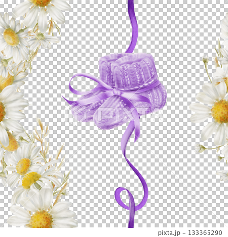 Symbol of World Prematurity Day-Purple knitted socks with ribbon,chamomile flowers symbolizing purity and childhood innocence.Watercolor seamless pattern for charity projects,social media Symbol of World Prematurity Day-Purple knitted socks with ribbon,chamomile flowers symbolizing purity and childhood innocence.Watercolor seamless pattern for charity projects,social media 133365290