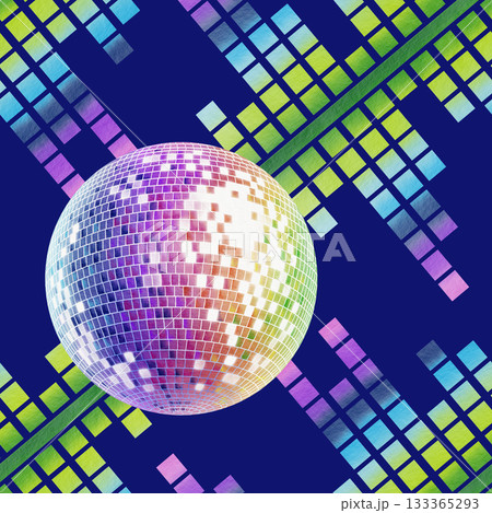 Retro disco ball and music equalizer in rainbow color in the style of 80s and 90s as a disco symbol.Watercolor illustration for flyers,posters,theme party cards Retro disco ball and music equalizer in rainbow color in the style of 80s and 90s as a disco symbol.Watercolor illustration for flyers,posters,theme party cards 133365293