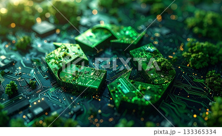Green computer circuit board macro with processor chip and electronic hardware components 133365334