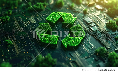 Green computer circuit board macro with processor chip and electronic hardware components 133365335