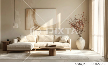 Contemporary living room interior design with comfortable sofa, floor lamp, and modern furniture Contemporary living room interior design with comfortable sofa, floor lamp, and modern furniture 133365355