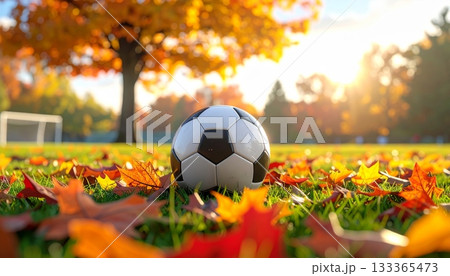 A black and white soccer ball rests on the green grass of a sports field, ready for a game A black and white soccer ball rests on the green grass of a sports field, ready for a game 133365473
