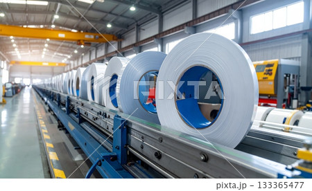 The empty steel industrial conveyor belt is inside a blue factory building, highlighting manufacturing equipment for business and transportation The empty steel industrial conveyor belt is inside a blue factory building, highlighting manufacturing equipment for business and transportation 133365477