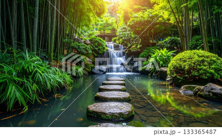 Japanese zen garden park landscape with a stone fountain, trees, and water cascade 133365487
